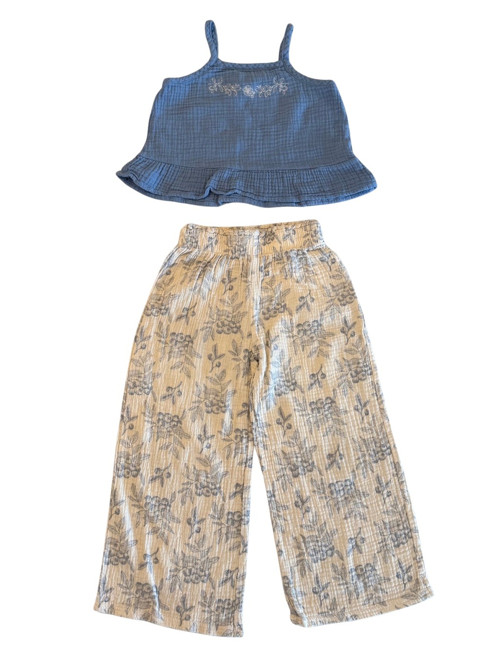 Rabbit + Bear Girls Blue Tank Top and Floral Wide-Leg Pants Set